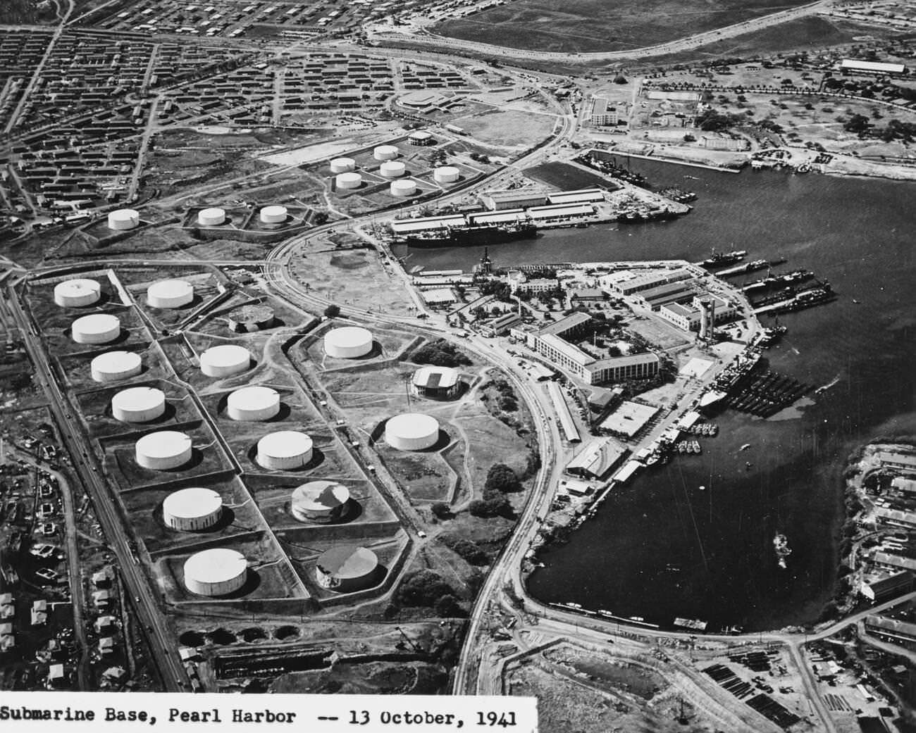 An aerial view of the Submarine Base with the fuel farm at left, looking south, 1941.