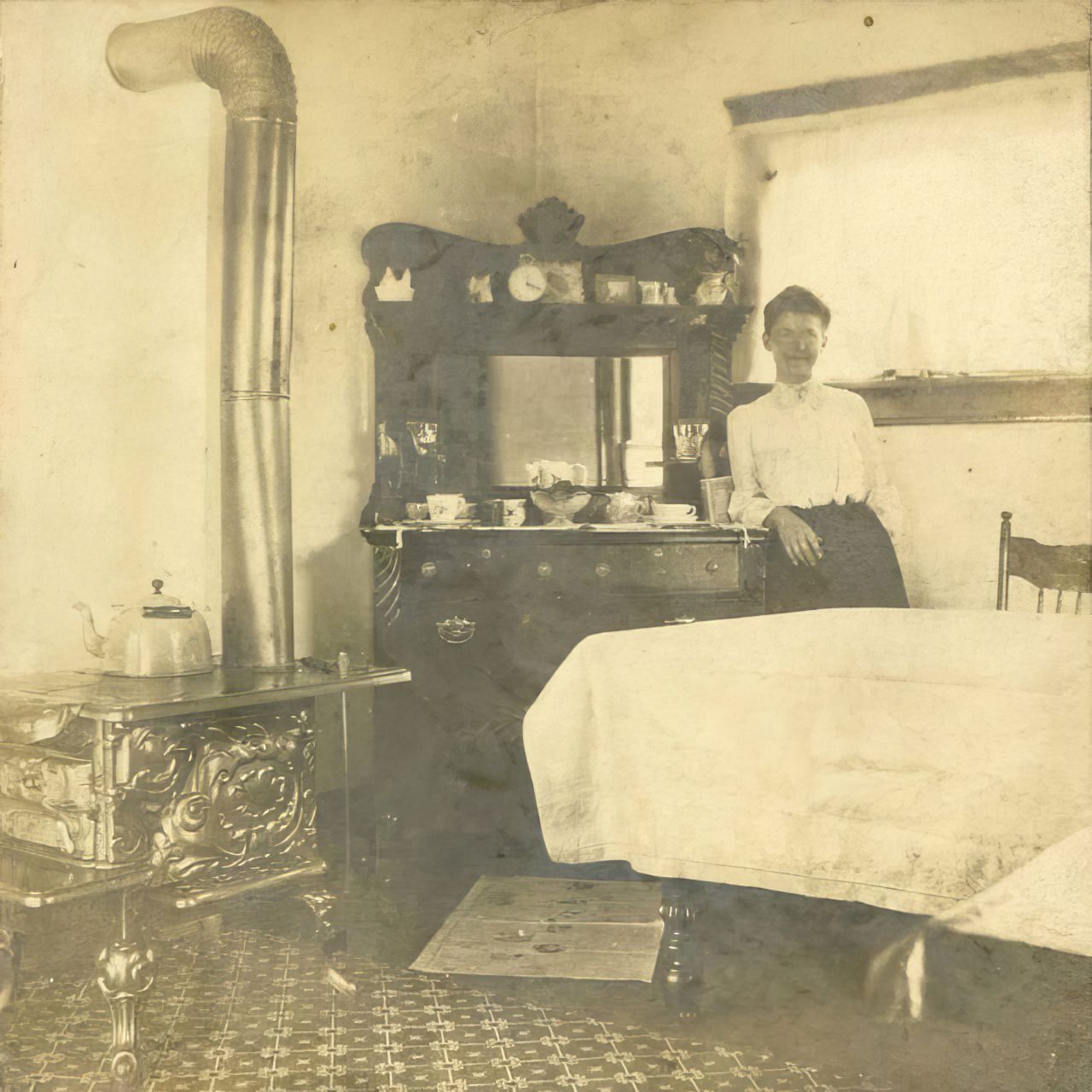 Woman leaning on sideboard