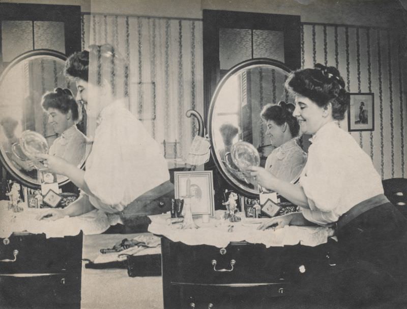 Woman examining herself in a mirror