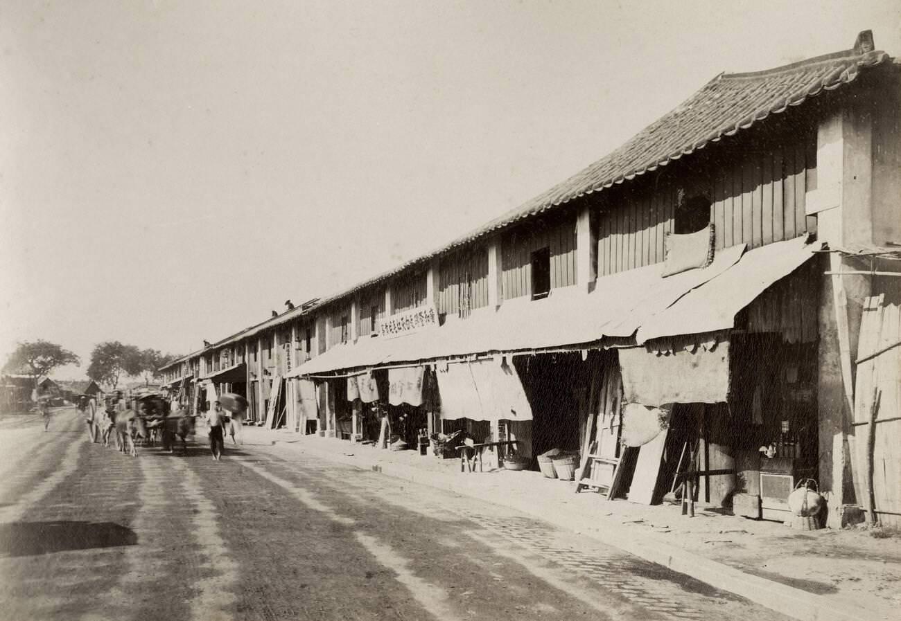 Row of shops in the Cholon district, Saigon, Vietnam, 1800s.