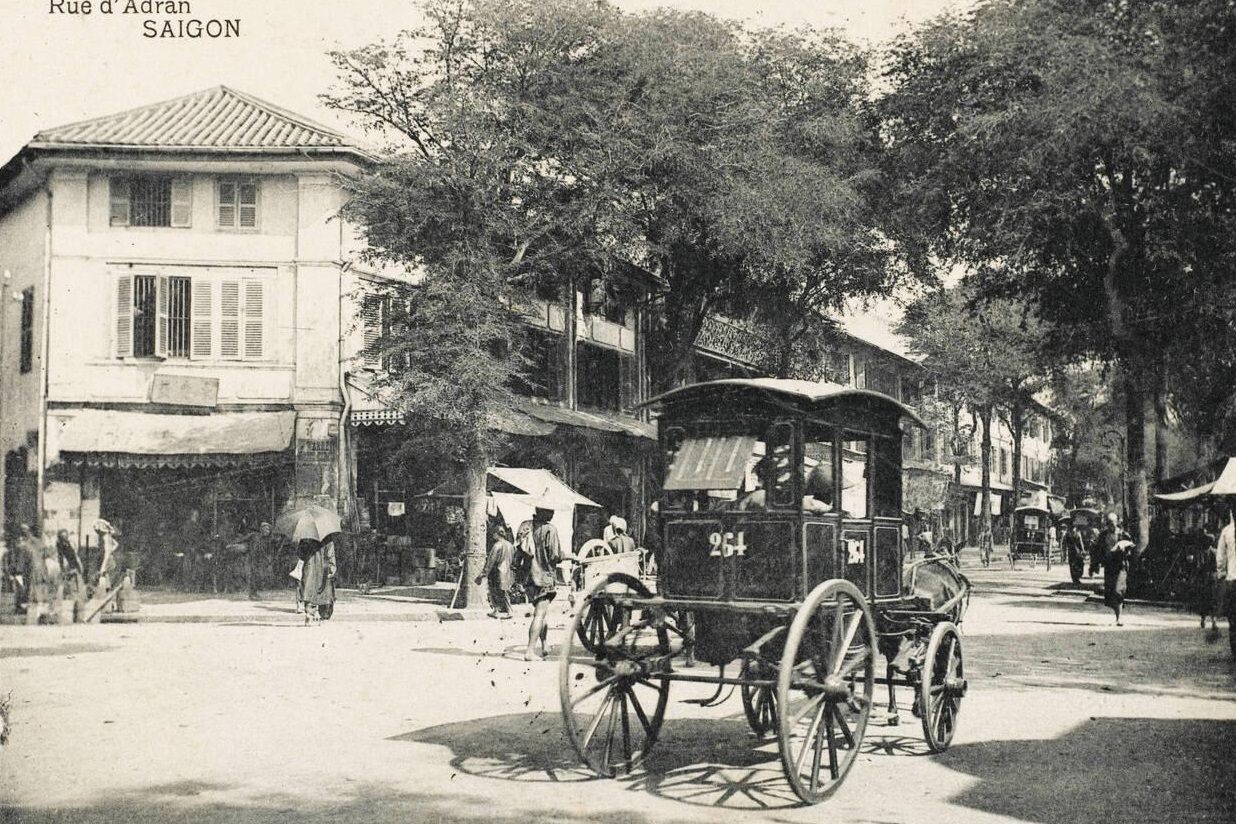 Adran Street, Saigon, Vietnam, with a horse-drawn cab, 1800s.