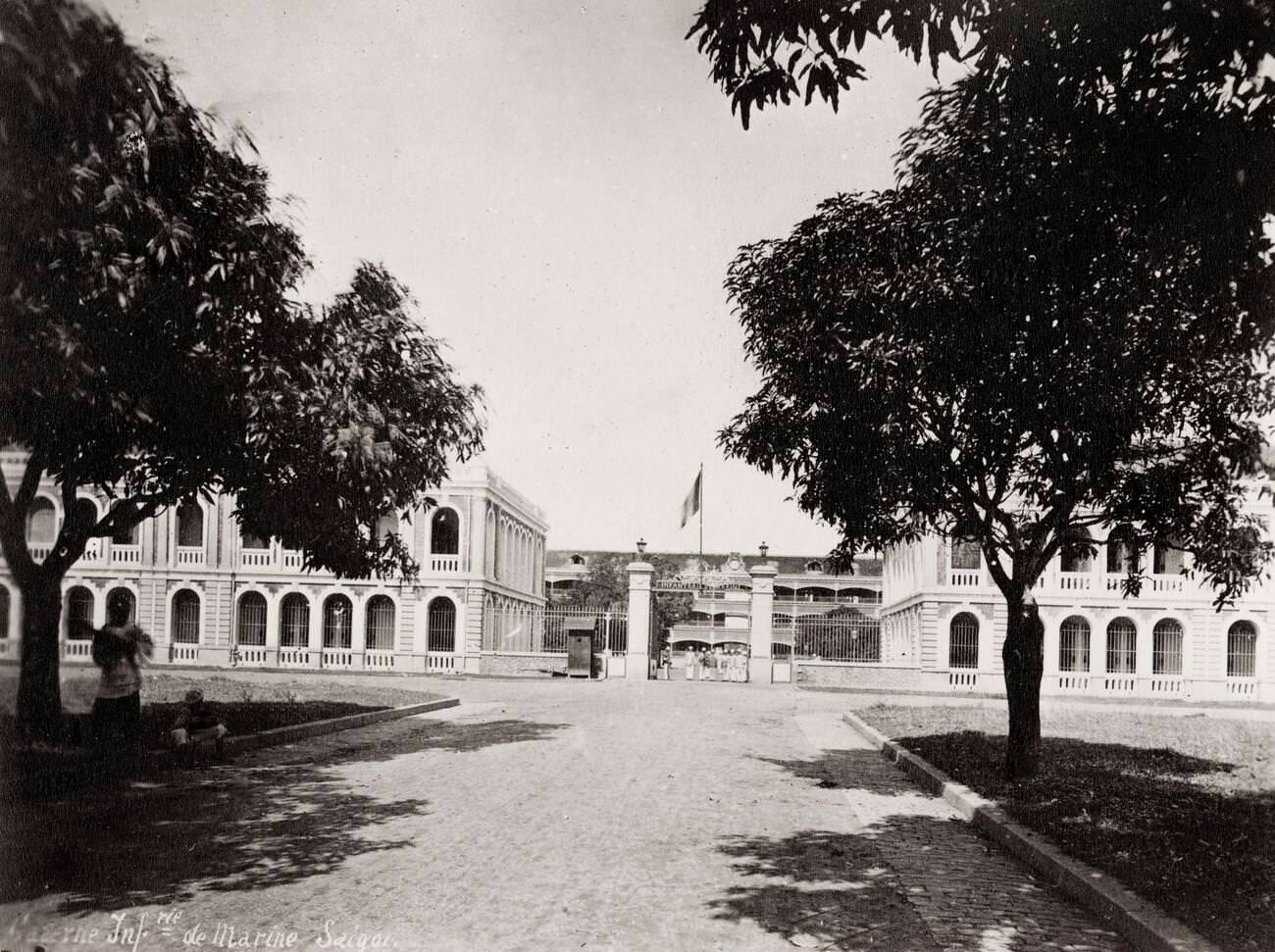 Army barracks and a military hospital in Saigon, Vietnam, 1800s.