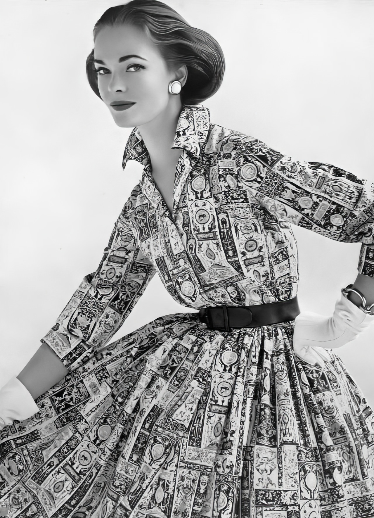 Susan Abraham in a bold cotton shirtwaist dress, 1957.