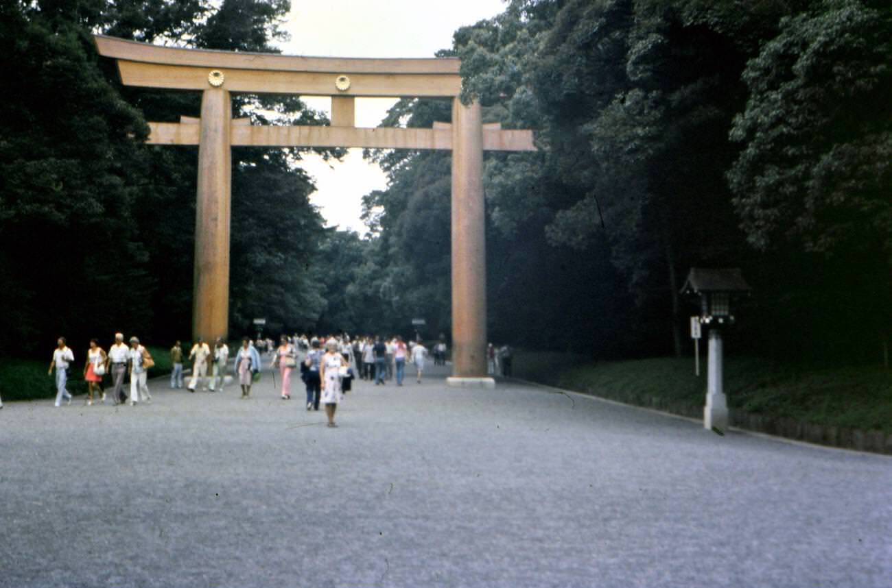 Tourists visiting Tokyo Meiji Shrine, 1976.