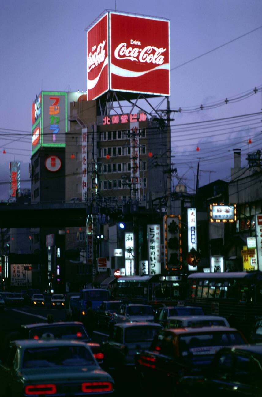 Night street scene, Tokyo, 1970s.