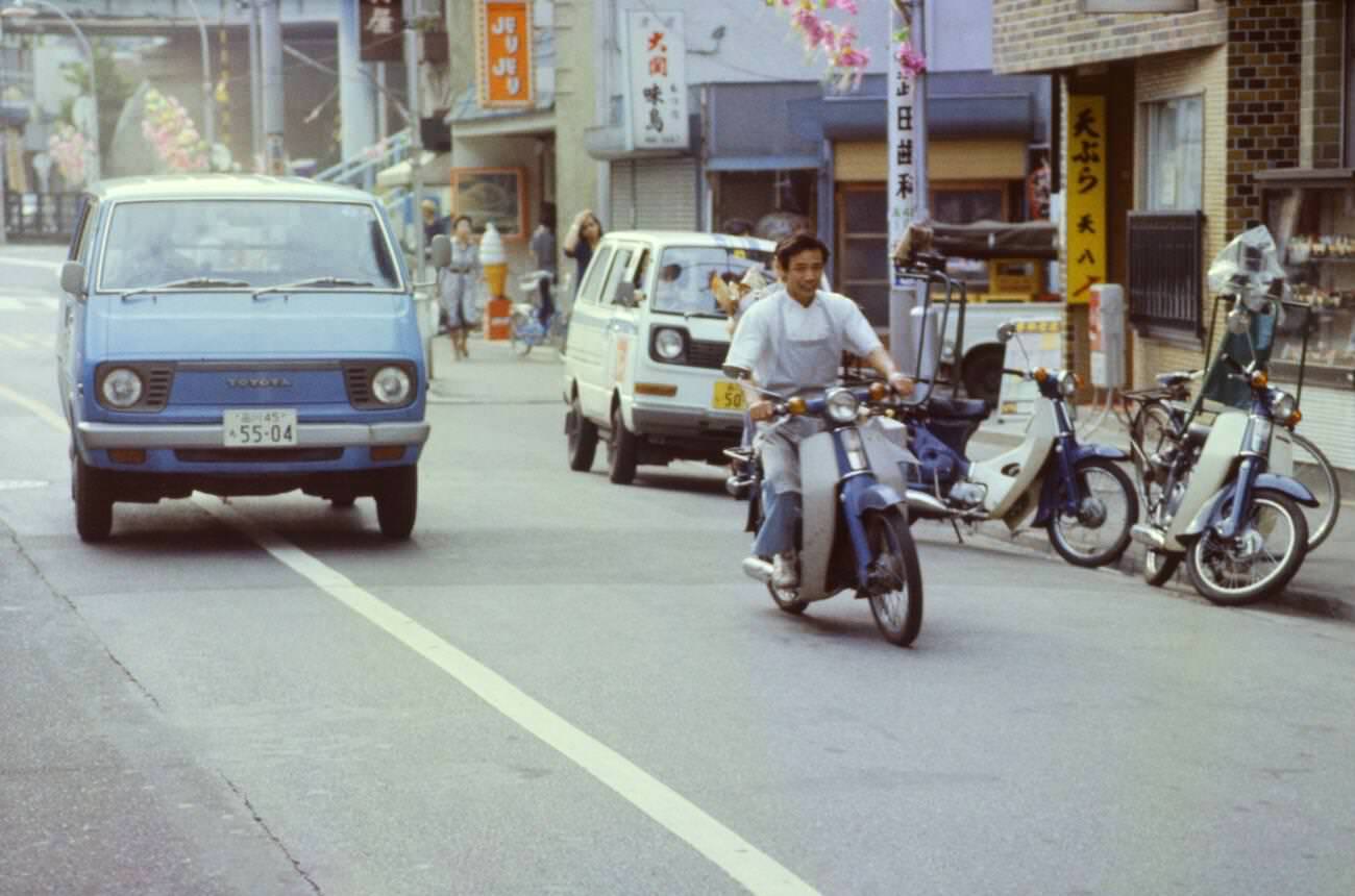 Motorcyclist on the street, Tokyo, 1970s.