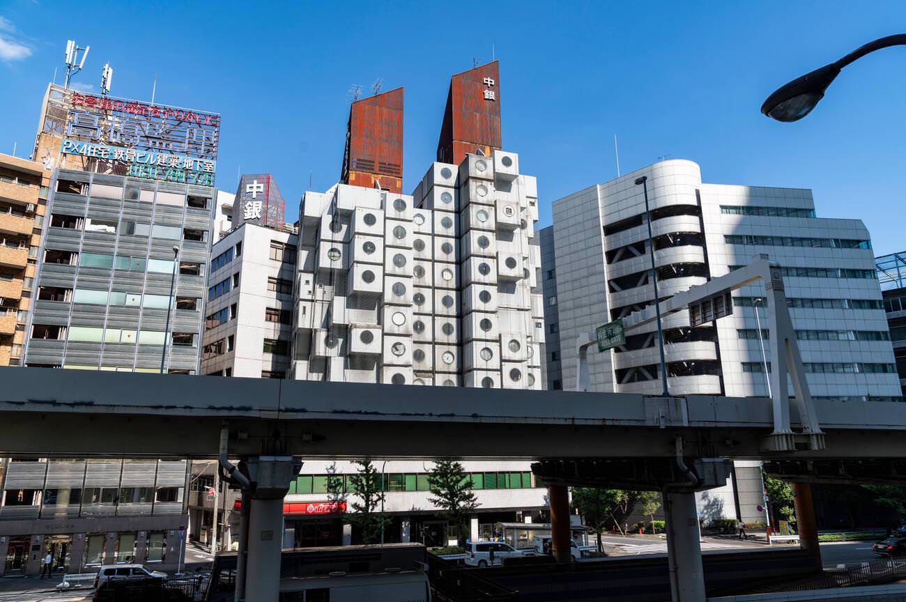 Nakagin Capsule Tower Building in Chuo-Ku, Tokyo, 1972. Designed by Japanese architect Kisho Kurokawa (1934 – 2007 ).