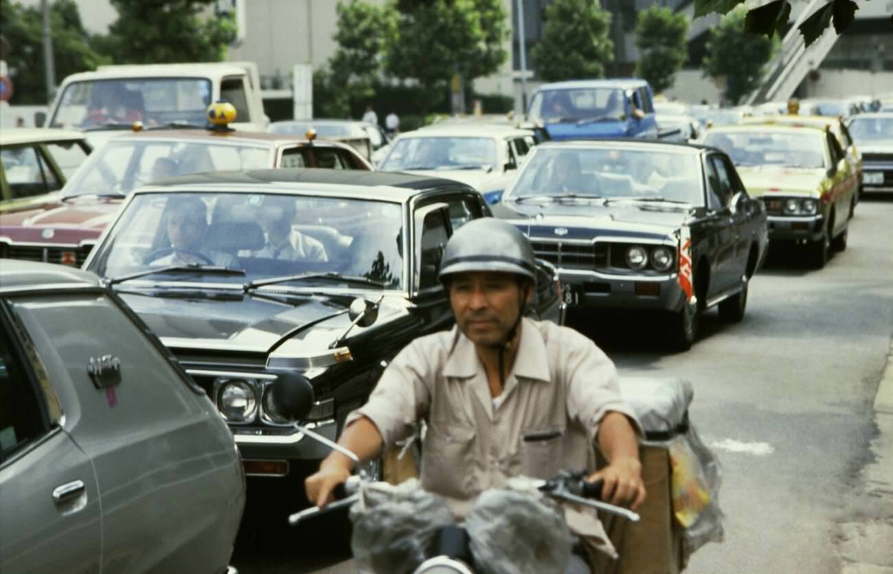 Traffic on the streets in Tokyo, 1970s.