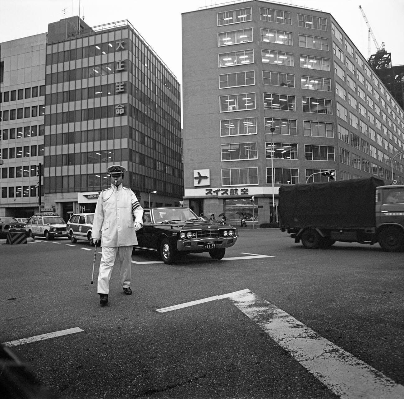 Policeman, Traffic controller, Tokyo, 1978.