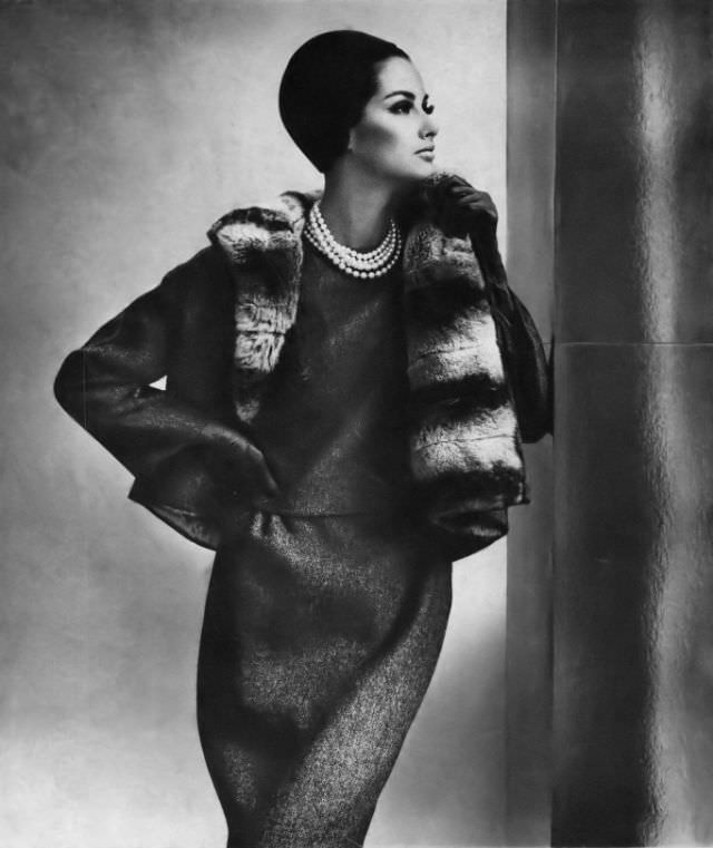 Veronica Hamel in a gray French wool suit, 1964.