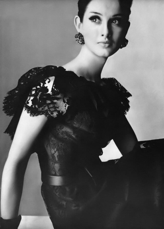 Veronica Hamel in a romantic black Chantilly lace dress, 1964.