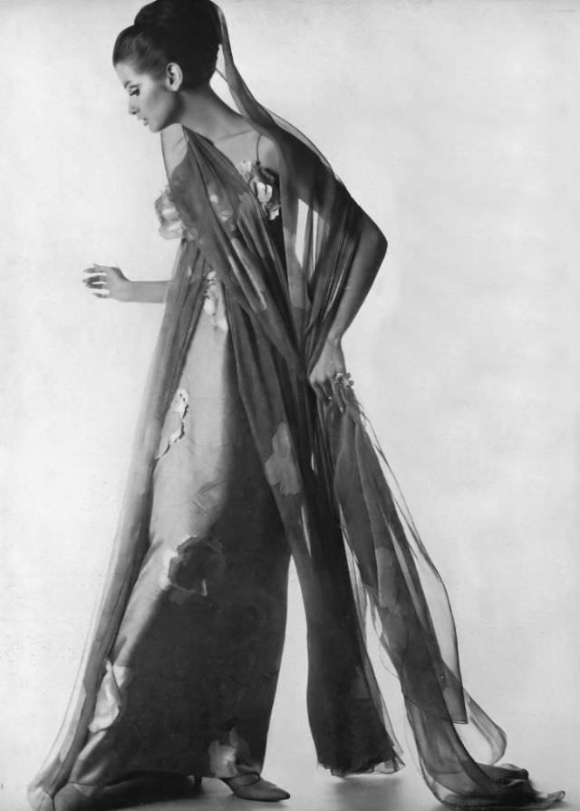 Veronica Hamel in silk chiffon over silk surah, 1964.
