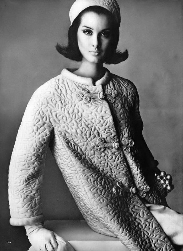 Veronica Hamel in a silk quilted pongee coat, 1964.