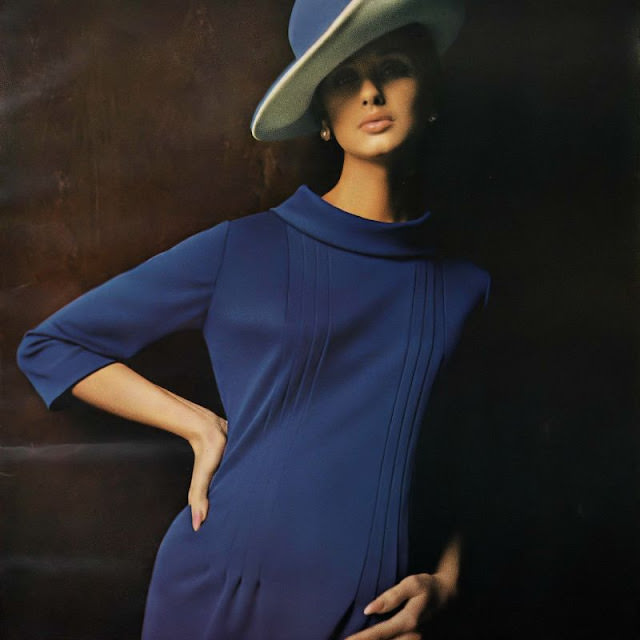 Veronica Hamel in a body-skimming, tucked-front, double-knit Celara dress, 1965.