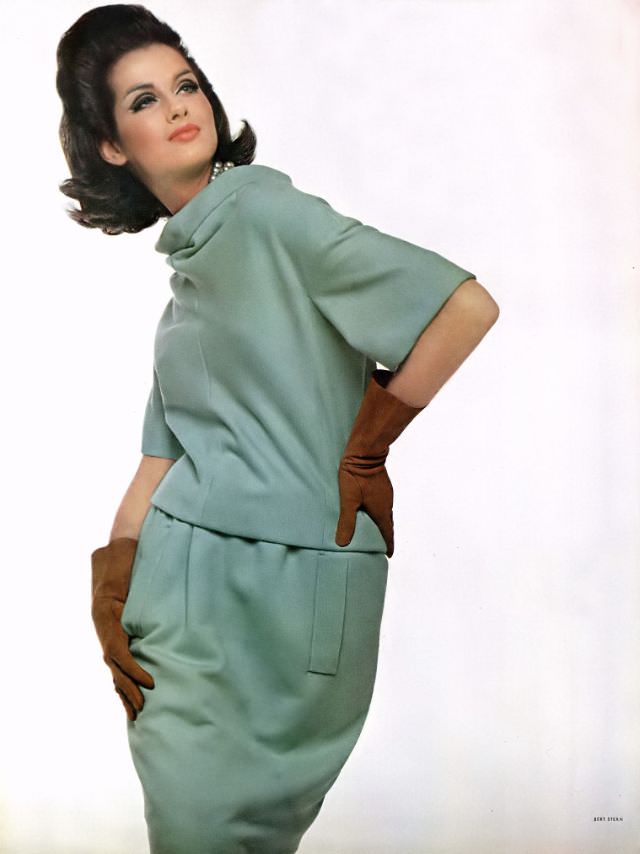 Veronica Hamel in a two-piece dress, 1965.