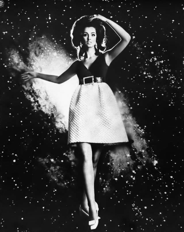 Veronica Hamel in an empire mini dress, 1968.