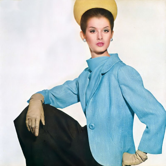 Veronica Hamel in a blue linen-weave cut-away jacket, 1964.