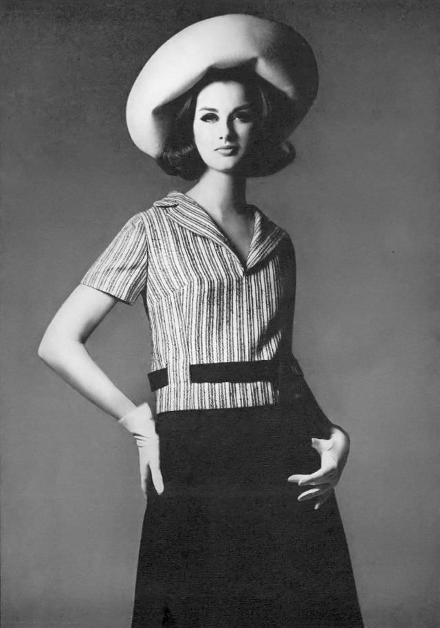 Veronica Hamel in a belted middy dress by Shannon Rodgers for Jerry Silverman, 1964.