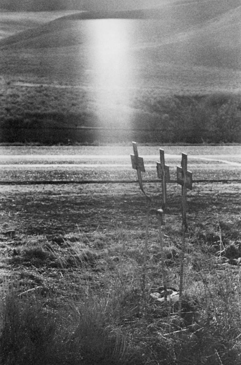 Crosses on scene of highway accident — U.S. 91, Idaho, 1956