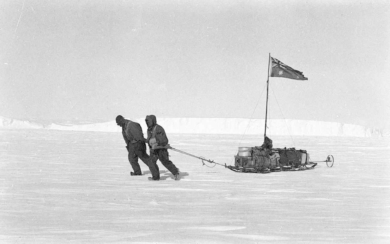 Andrew Watson and Frank Wild setting out to relieve Jones’ sledginh party, Antarctica, January 1913, State Library of New South Wales, Home and Away