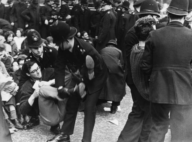 London policemen had to carry these Ban-the-bomb demonstrators to waiting trucks, 1961.