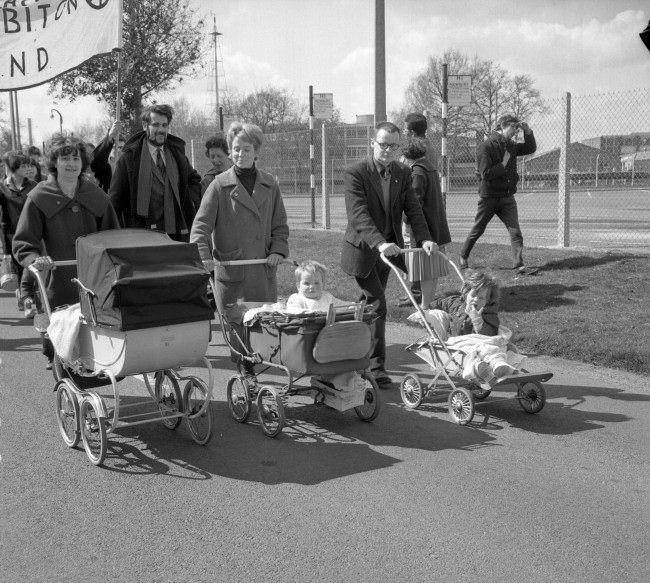 Prams and baby passengers setting off for Reading on the first stage of the Campaign for Nuclear Disarmament’s Aldermaston march to London, 1963.