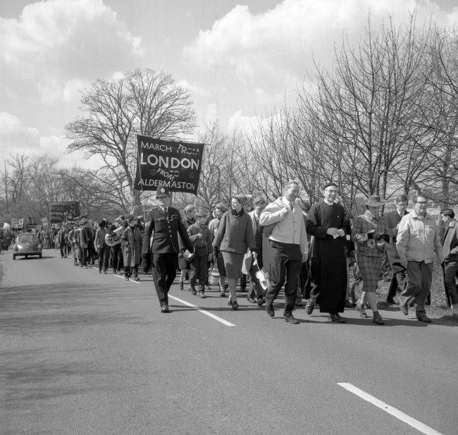 Left to right, Anthony Greenwood, Labour MP for Rossdale; Canon John Collins, the CND’s chairman; Jacquetta Hawkes, wife of author J.B Priestley and Professor R. Calder, the science journalist, during the march, 1963.