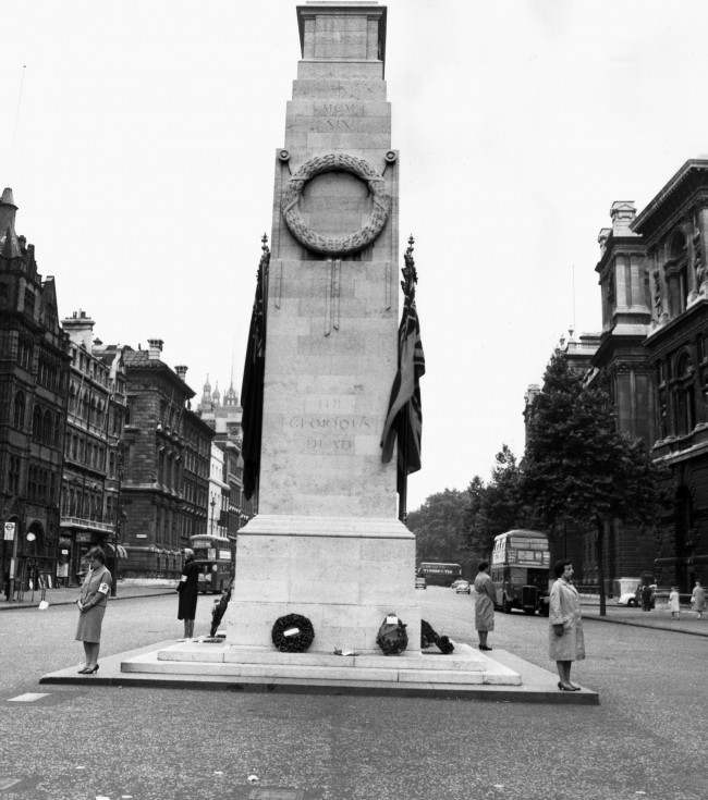 Four women, members of the Women Against the Bomb movement, stand in silence at the Cenotaph, Whitehall, London, as part of a 12-hour vigil commemorating the dropping of the atom bomb on Hiroshima, 1962.