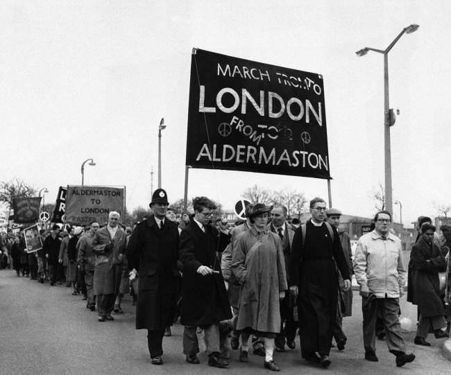 Demonstrators start out on the 54-mile "Ban-the-Bomb" protest march from Aldermaston, England, to London, 1960.