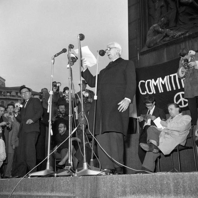 Earl Russell speaking from the plinth of Nelson’s Column when he attended a meeting held by the Committee of 100, the anti-bomb organisation, in Trafalgar Square, London, 1961.