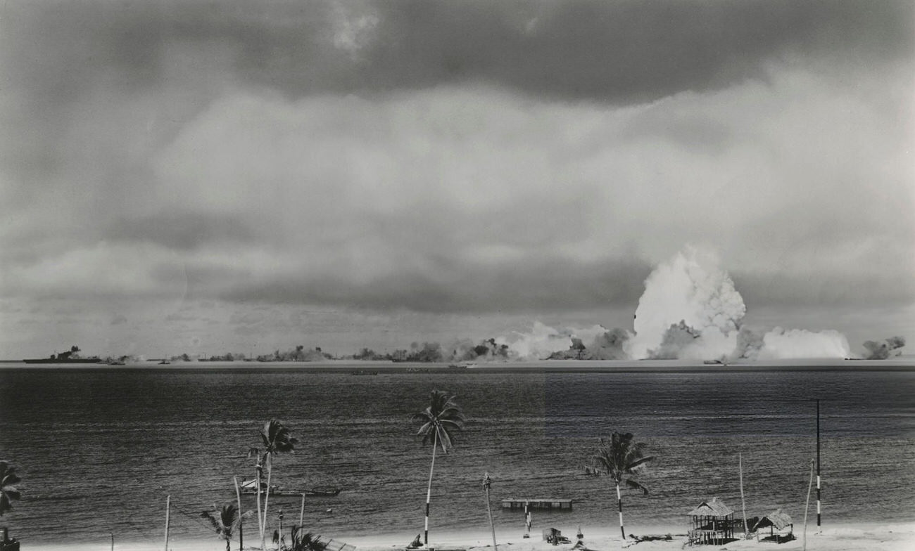 U.S. Military Atomic Bomb Test and Resulting Explosion, Crossroads Target Fleet, Bikini Island, Pacific Ocean, 1946.