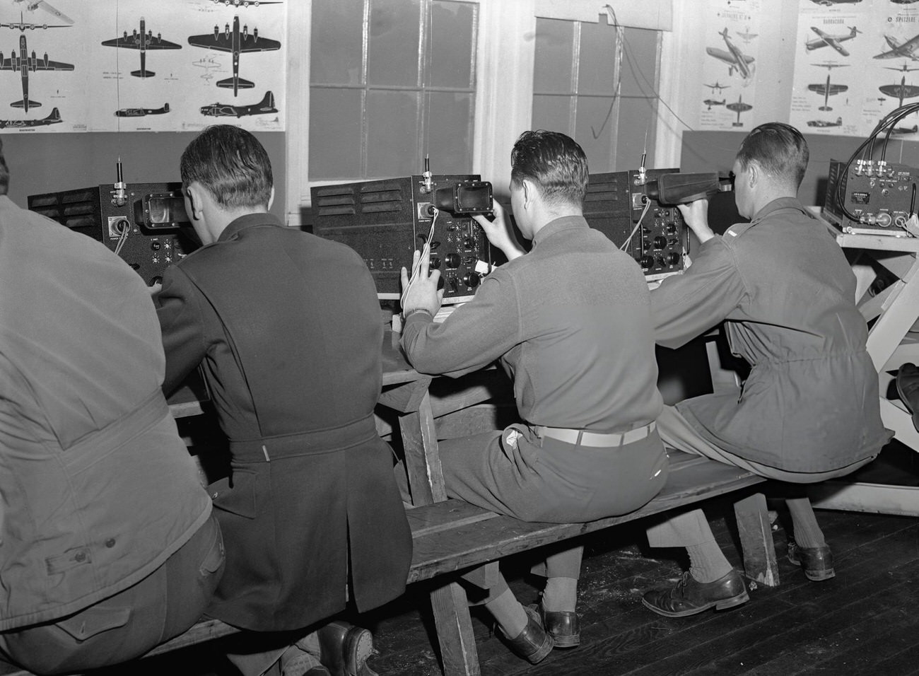 Air Crew members are training on long range equipment at Roswell Field for the gigantic atomic bomb test, "Operation Crossroads" scheduled for Bikini Atoll in the far pacific, 1946.