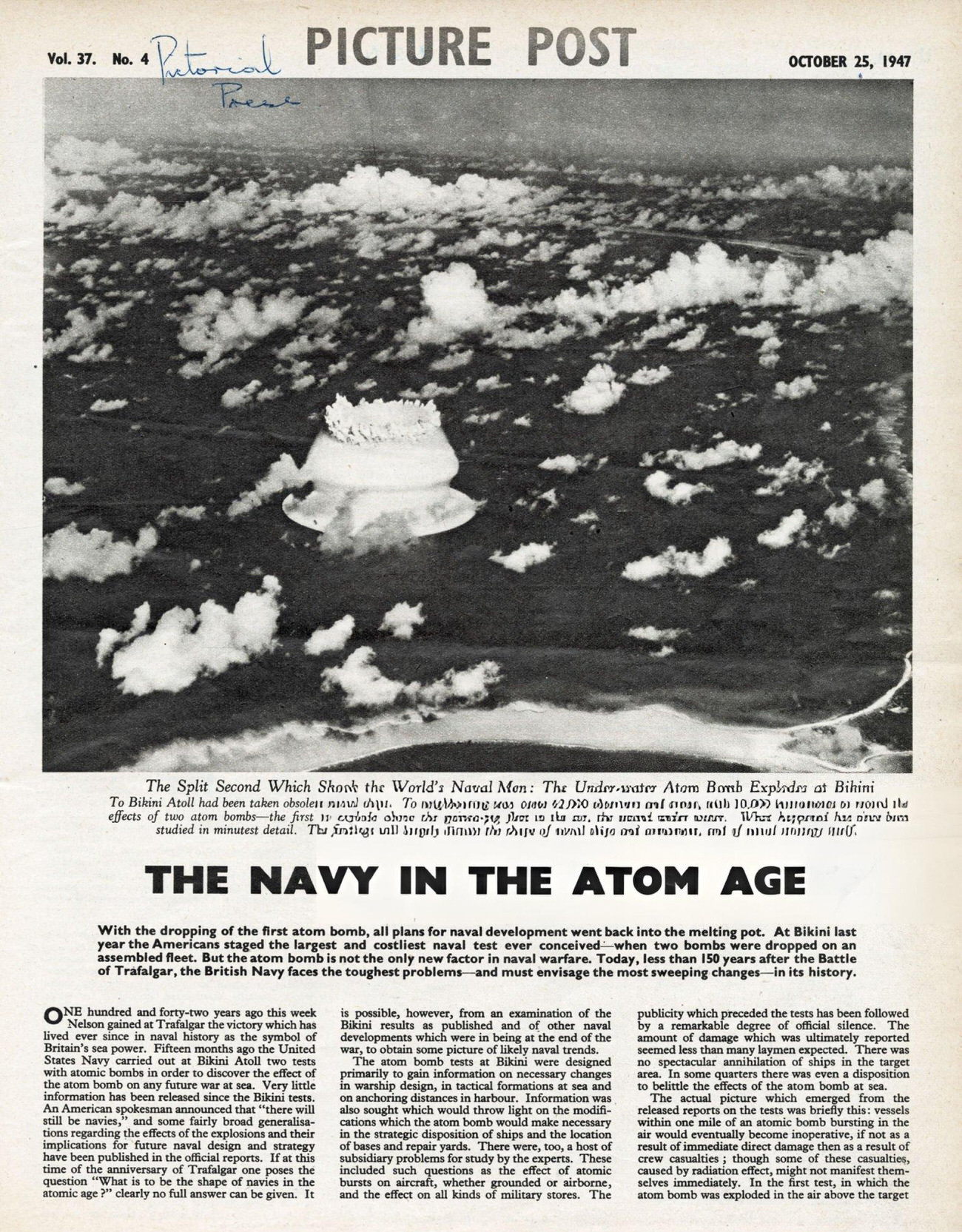 An illustration shows a mushroom cloud created in the Operation Crossroads nuclear weapons tests conducted at Bikini Atoll, 1946.