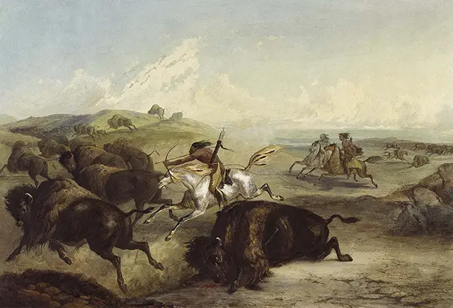 Illustration of Indians hunting the bison by Karl Bodmer.