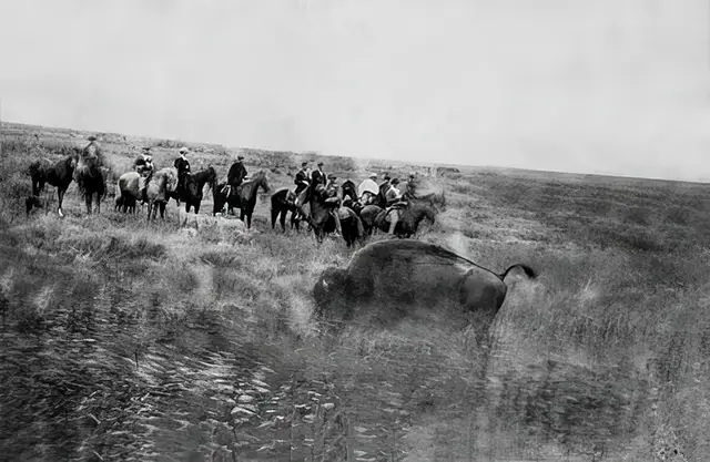 A buffalo hunt in 1869, Kansas.