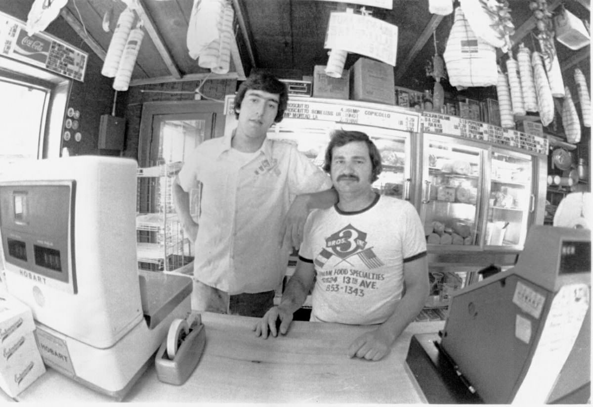 Carmelo and Mike at Three Brothers Grocery, 1978.