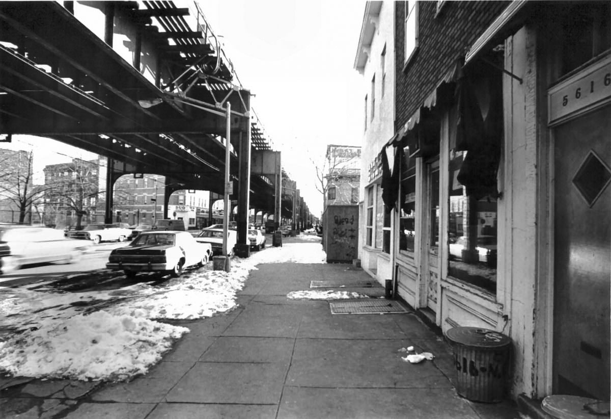 The elevated train along New Utrecht Avenue in Brooklyn, 1977.