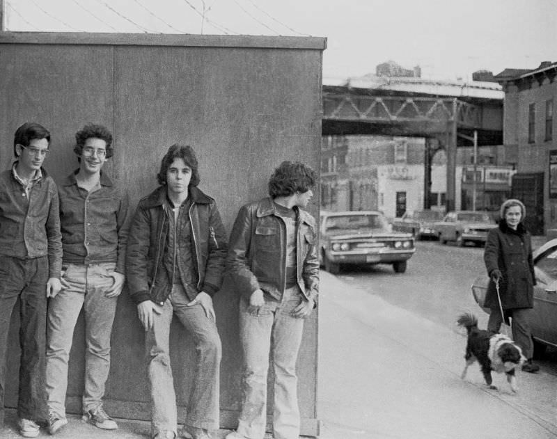 A group of friends in Boro Park, Brooklyn, 1975.