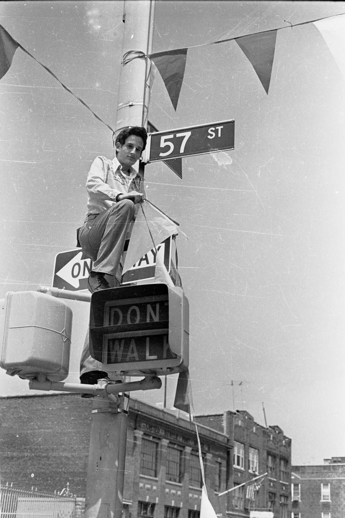 Putting up block party flags in Brooklyn, 1976.