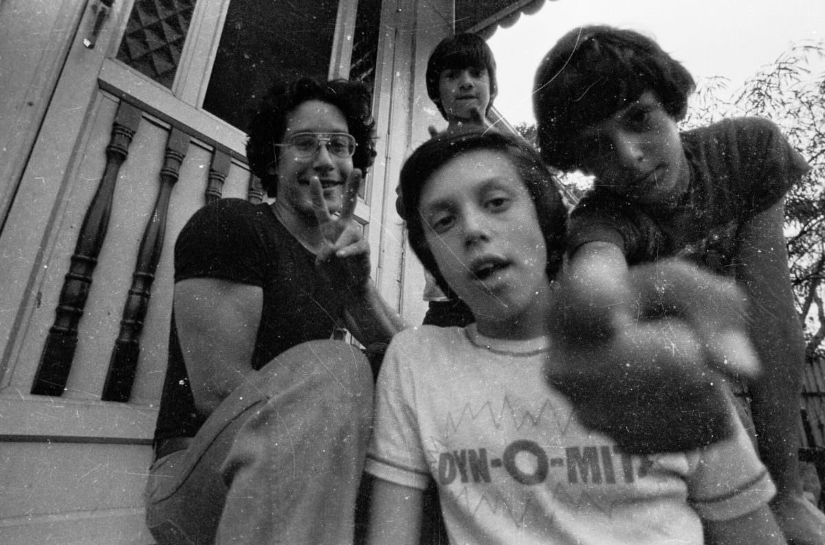 A group of friends in Boro Park, Brooklyn, 1975.