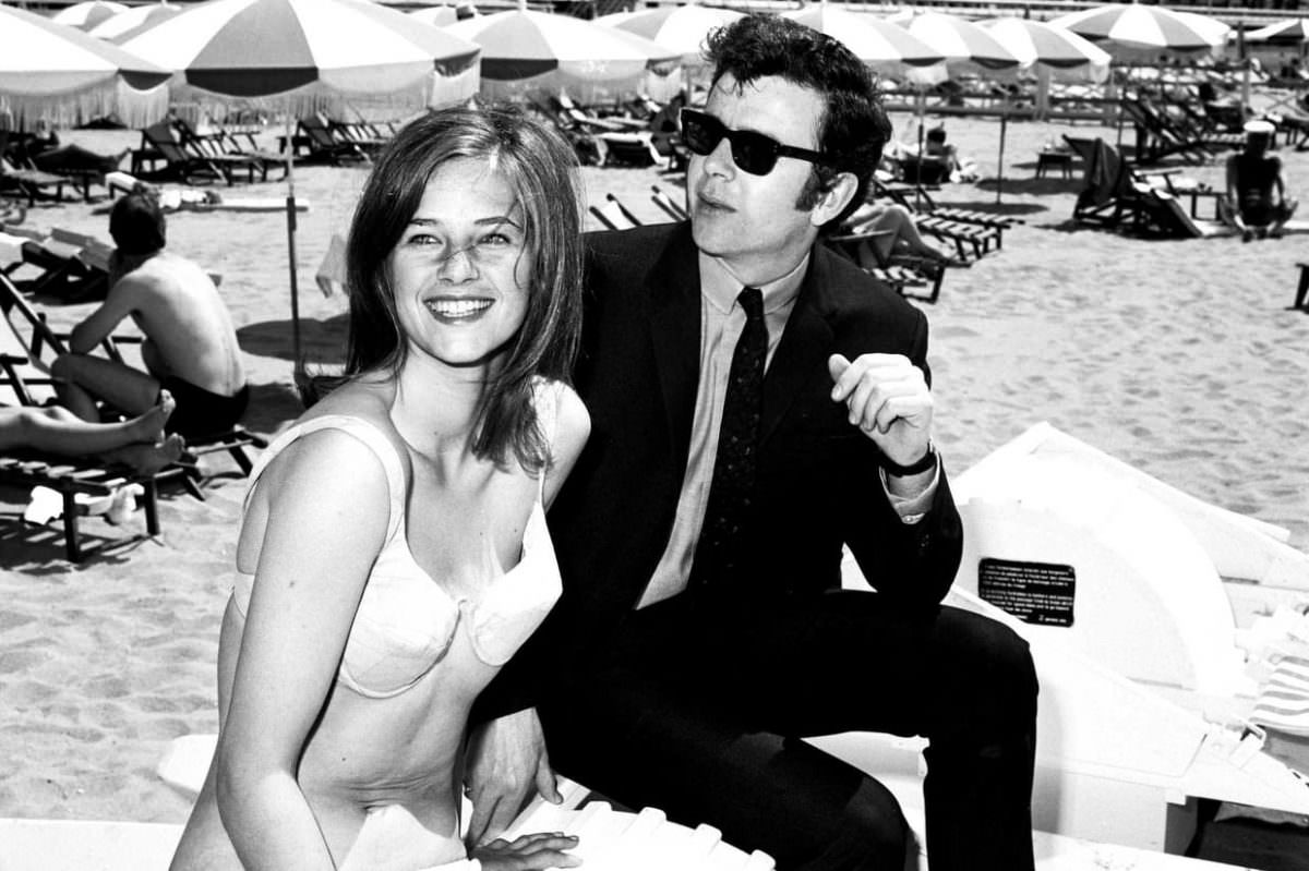 Ray Brooks and Charlotte Rampling on the beach in Cannes, 1965.