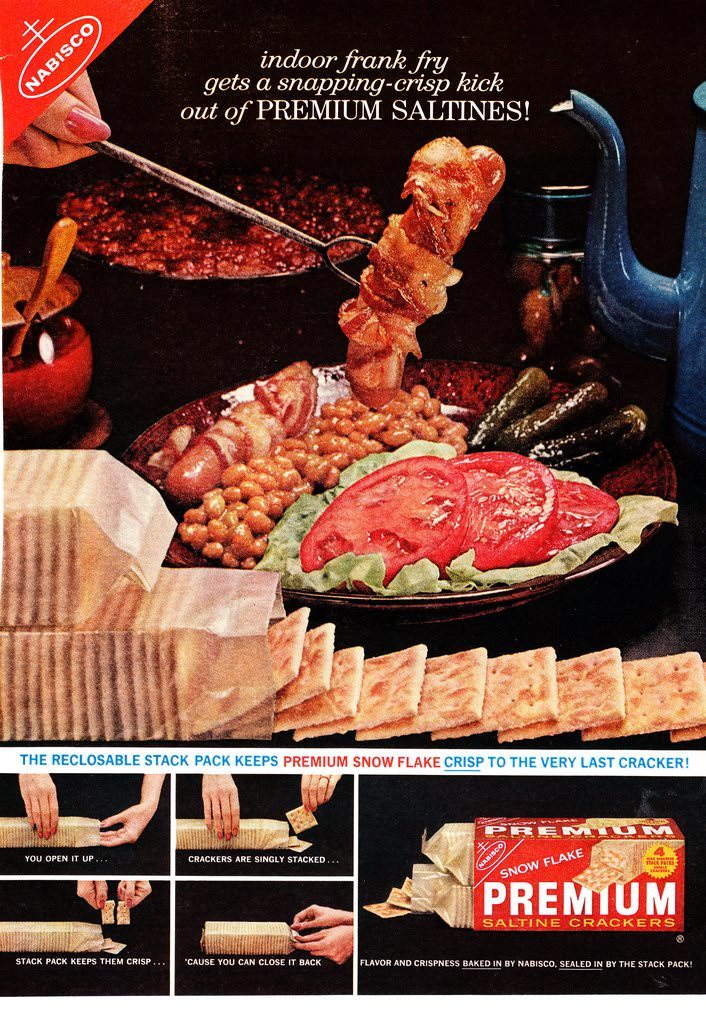 Only in the 60s would you have a hot dog wrapped in bacon… in a cracker ad.