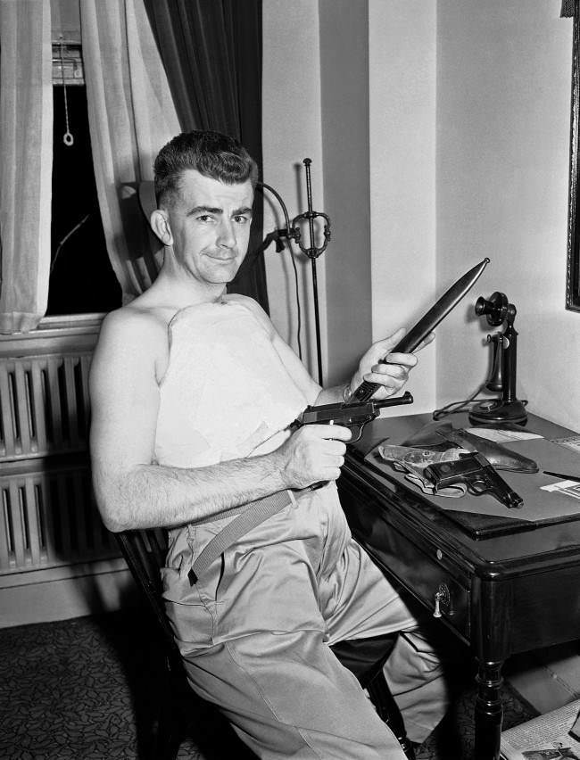 Associated Press war correspondent J. Wes Gallagher arrived in New York by plane on June 6, 1943, from the North African front with two reminders of the war, a cast around his body and a souvenir collection of axis guns. Gallagher suffered a compression-type spine fracture in a jeep accident near Bizerte. 1943