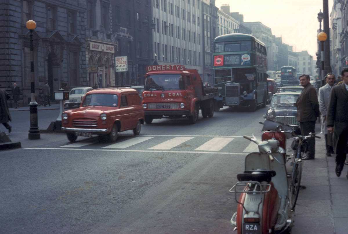 Street scene at busy crosswalk