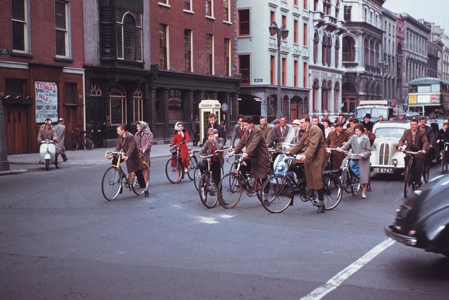 Cyclists waiting for a green light in Dame St. at head of South Great Georges St., Dublin