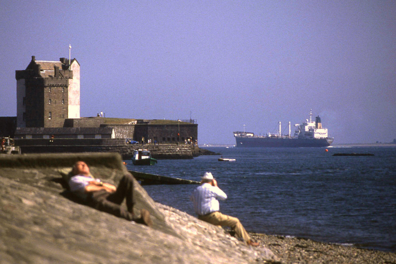 Broughty Castle and departing ship, 1989