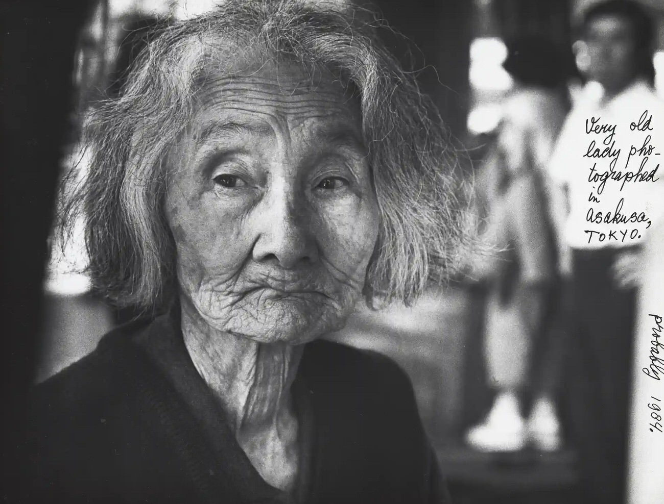 Portrait of an old woman in Japan, with lettering in black felt-tip pen, 1984