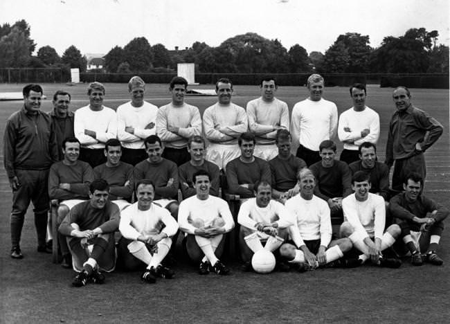 Members of the England World Cup soccer team pose at the training ground at Roehampton, England, 1966.