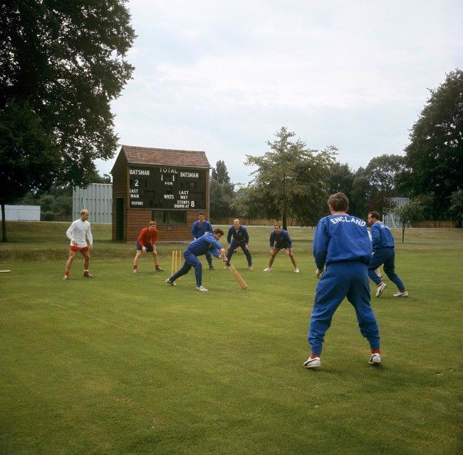 England World Cup squad play a spot of cricket at Roehampton, 1966.