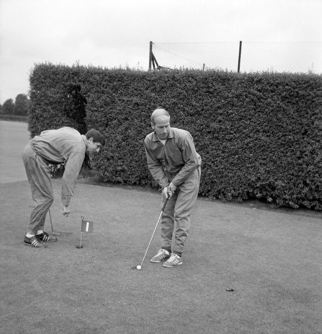 Bobby Charlton playing golf at Roehampton, London, before tomorrow’s World Cup final match against West Germany at Wembley, 1966.